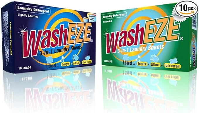 WashEZE 3 in 1 Laundry Detergent Pods, 10 Count, Unscented, Portable, TSA Compliant, Stain Fighter, Fabric Softener, Static Guard