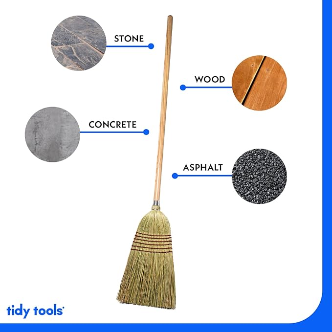 Corn Broom with Wood Handle Heavy Duty Indoor Outdoor Broom (1 1/4 Inch Handle)