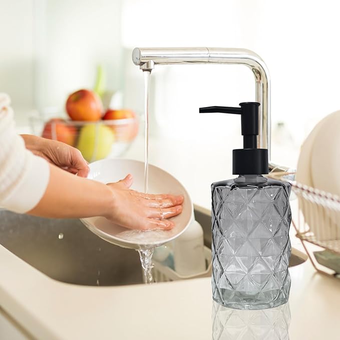 Crystal Glass Soap Dispenser, 12oz Gradient Grey Bathroom Hand Dispenser, Lotion Dispenser with Black Plastic Pump for Modern Home Decor, Kitchen Countertop, Hotel
