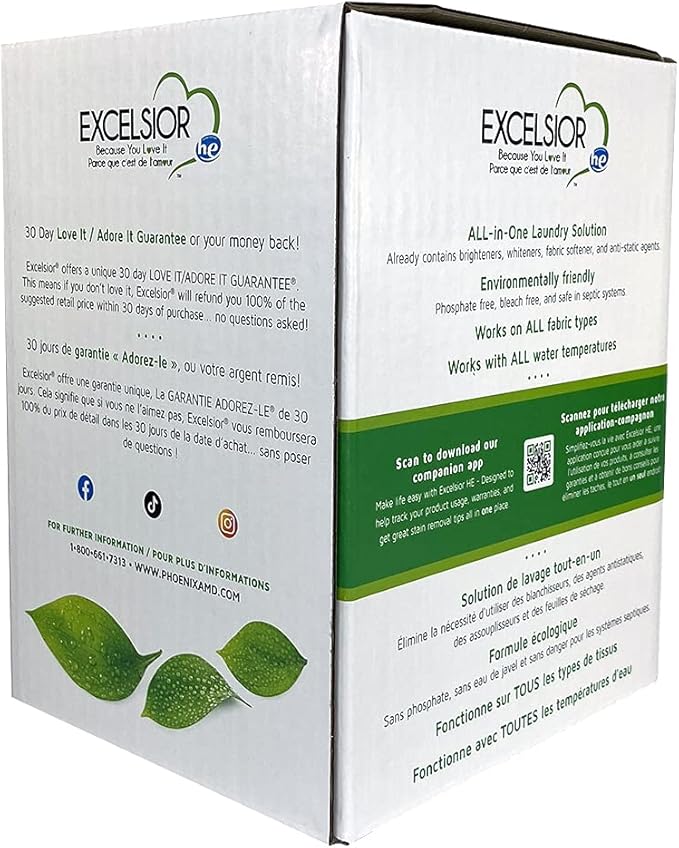 Excelsior Laundry Detergent with Stain Remover - Concentrated Liquid - Fresh Scent - Eco-Friendly, Biodegradable, Solvent, and Phosphate Free - for Standard and High-Efficiency Washers - 3 Liter Box…