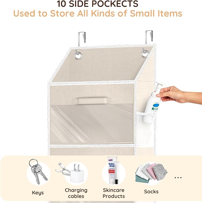 Ofiray-home Over Door Organizer with Drawers, 5-Tier Hanging Storage, Removable Bins & 10 Side Pockets. For Closet, Baby Items, Yarn, Bedding, Clothes, Toys, Towels - Beige