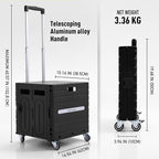 Folding Utility Cart Black Portable Rolling Crate Handcart Foldable Shopping Trolley Collapsible, with Lid, on Wheels, for Grocery, Garden, Office, Storage, Teacher, Tool (Black)