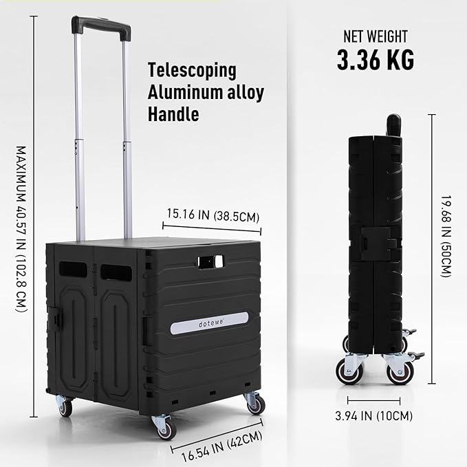 Folding Utility Cart Black Portable Rolling Crate Handcart Foldable Shopping Trolley Collapsible, with Lid, on Wheels, for Grocery, Garden, Office, Storage, Teacher, Tool (Black)