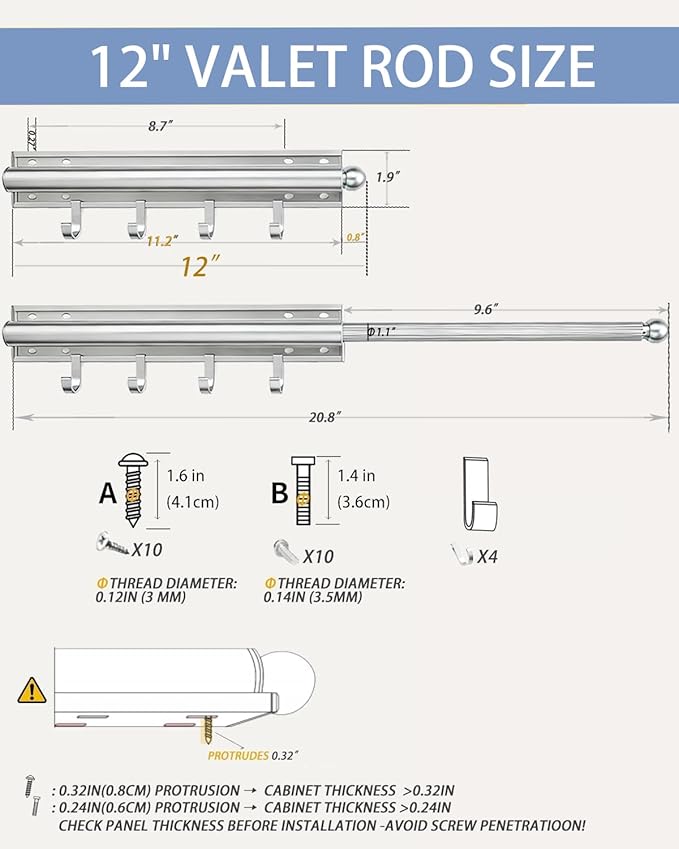 Aluminum Valet Rod, 12 in Heavy Duty Pull Out Closet Valet Rod with 4 Hooks, Adjustable Slide Out Closet Rod, Ideal for Hanging Clothes, Closet Accessories, Easy to Install (Silver)