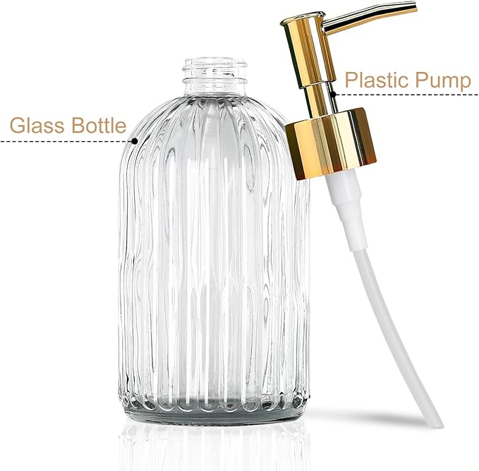 14Oz Gold Pump Glass Soap Dispenser, Clear Stripe Countertop Refillable Liquid Bottle Hand Dish Lotion Dispenser with Plastic Pump, for Kitchen, Bathroom