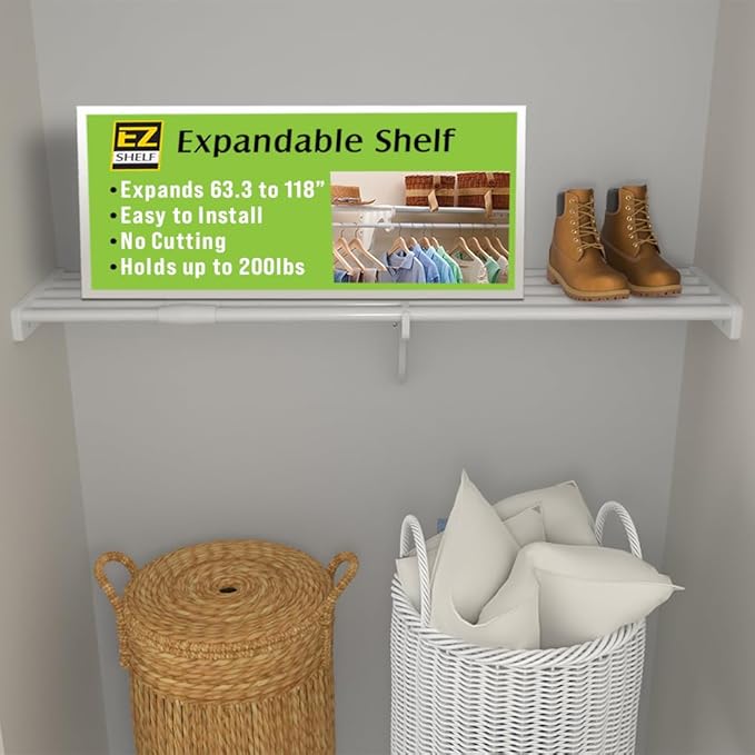 DIY Expandable Closet Shelf (NO Hanging Rod) Easy to Install to 2 Sidewalls - 63.3 to 118" - Alternative to Wire Closet Shelving