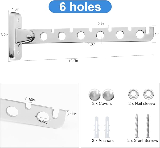 ACNISM Wall Mounted Clothes Rack, Laundry Hanger Wall Mount, Retractable & Foldable Drying Rack with 180° Rotation, Space-Saver for Laundry Room & Bedroom, Bathroom Closet Storage, 2-Pack, Silver