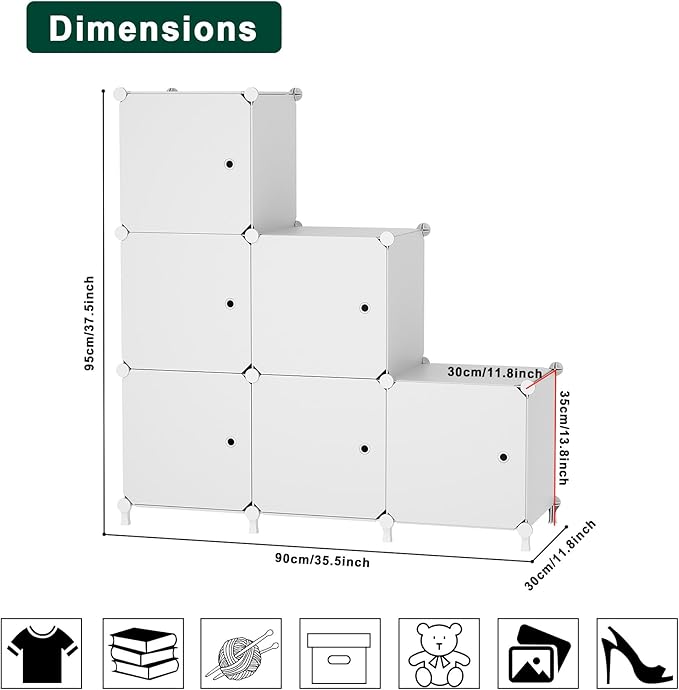 Cube Storage Organizer, 6-Cube Shelves Unit with Doors, DIY Stackable Plastic Clothes Organizer for Bedroom and Under Stairs Storage Unit, Each Compartment 30 x 30 x 30 cm White ATTSL6002