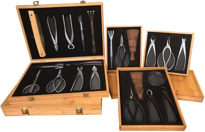 Tinyroots Bonsai Tool Kit - 3 Piece Set With Traditional Butterfly Shears, Japanese Hemp Broom, Three Pronged Rake & Bamboo Storage Case