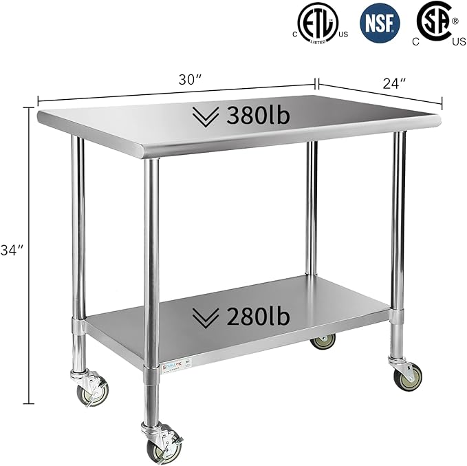 STABLEINK Stainless Steel Table with Caster Wheels 24 x 30 Inches, NSF Commercial Prep & Work Table with Adjustable Undershelf and Table Foot, for Commercial Kitchen, Restaurant, Hotel and Garage