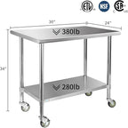 STABLEINK Stainless Steel Table with Caster Wheels 24 x 30 Inches, NSF Commercial Prep & Work Table with Adjustable Undershelf and Table Foot, for Commercial Kitchen, Restaurant, Hotel and Garage