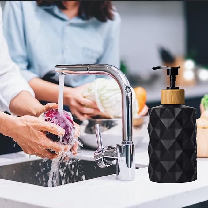 Black Glass Soap Dispenser Set with Bamboo Pump, 12oz Refillable Liquid Hand Soap, Lotion Dispenser for Modern Home Decor, Bathroom, Kitchen Countertop, Hotel (2 Pack)
