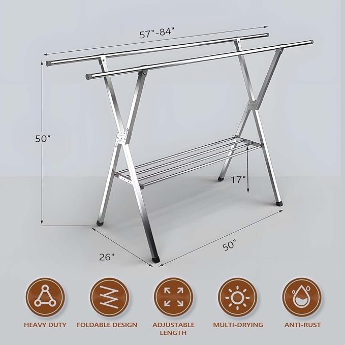 JAUREE Clothes Drying Rack 2 Tiers, Heavy Duty Drying Rack Clothing Folding Indoor Outdoor, Stainless Steel Laundry Drying Rack, Foldable Garment Rack with 20 Windproof Hooks (84 Inches)