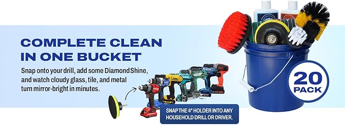 Complete Hard Water Stain Drill Cleaning Kit – 20 Piece Diamond Shine Set with Drill Brushes, Bucket & lid, Scouring Pads & Cleaner for Tile, Bathroom, Hard Water, Shower Glass & Chrome