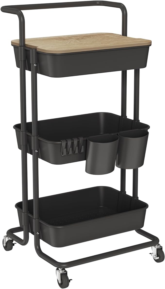DTK 3 Tier Rolling Cart Uility Cart with Cover Board, Mobile Storage Cart with Wheels, Cups, Hooks for Office Utility Kitchen Bathroom Homeschool Art Craft Postpartum Teacher Cart Organizer(Black)