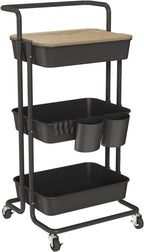 DTK 3 Tier Rolling Cart Uility Cart with Cover Board, Mobile Storage Cart with Wheels, Cups, Hooks for Office Utility Kitchen Bathroom Homeschool Art Craft Postpartum Teacher Cart Organizer(Black)