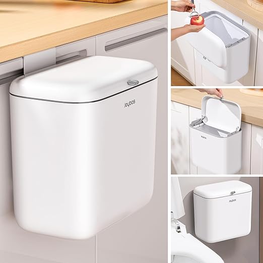 funest Hanging Trash Can 1.8Gal with Lid - Under Sink & Wall Mount Compost Bin, ABS Plastic Kitchen Waste Basket for Cabinet/RV/Bathroom (White)