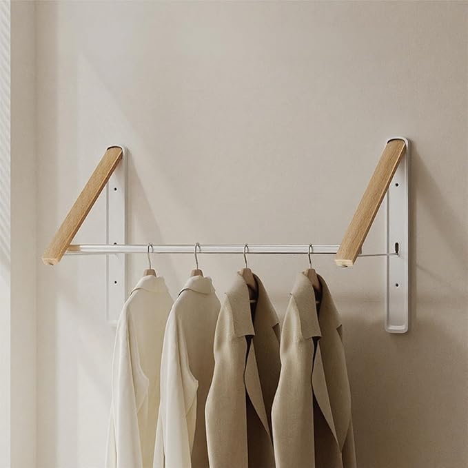 Retractable Wall Mounted Drying Rack - Foldable Clothes Hanger in Walnut or Oak Color for Laundry Room, Closet & Balcony (Oak, 2 Racks + Rod)