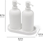 Matte White Soap Dispenser Set with Tray, 2 Pack 15oz Round Rustproof Liquid Hand Dish Soap Dispensers with Tray for Kitchen Sink, Countertop, and Bathroom