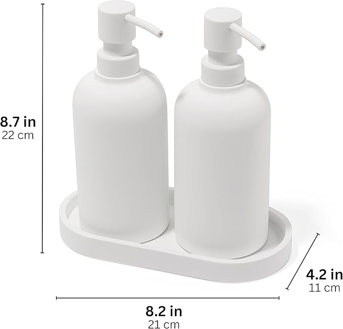 Matte White Soap Dispenser Set with Tray, 2 Pack 15oz Round Rustproof Liquid Hand Dish Soap Dispensers with Tray for Kitchen Sink, Countertop, and Bathroom