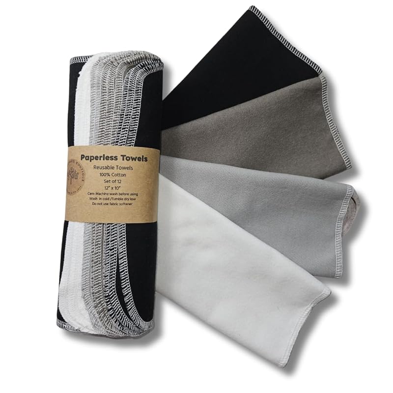 Paperless Towels, 12-12" X 10" Washable Paper Towels, Reusable Paper Towels, 100% Cotton (Grey Tones)