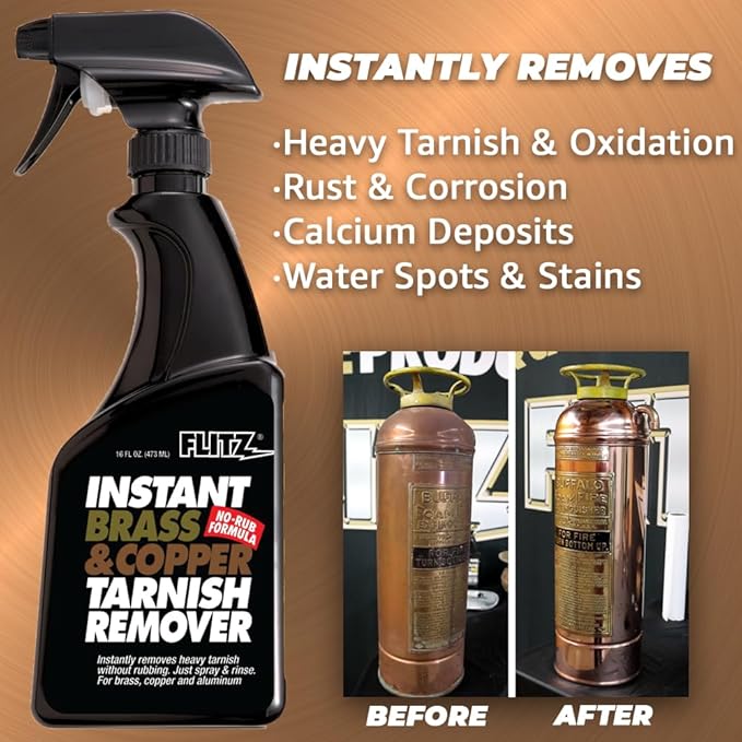 Flitz Instant Brass and Copper Tarnish Remover - 16oz Bottle of USA-Made Organic Rust Remover Spray (No-Rub) - Removes Stains & Oxidation from Glass & Aluminum - Brass Cleaners That Work (1 Pack)