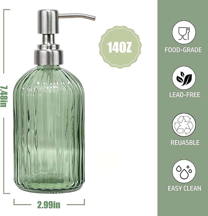 14Oz Green Soap Dispenser Bathroom - 2 Pack, Clear Glass Hand Soap Dispensers with Stainless Steel Pump, Refillable Dish Soap Dispenser with Funnel for Kitchen, Countertop Soap Dispensers