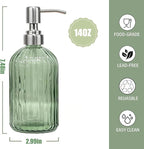 14Oz Green Soap Dispenser Bathroom - 2 Pack, Clear Glass Hand Soap Dispensers with Stainless Steel Pump, Refillable Dish Soap Dispenser with Funnel for Kitchen, Countertop Soap Dispensers