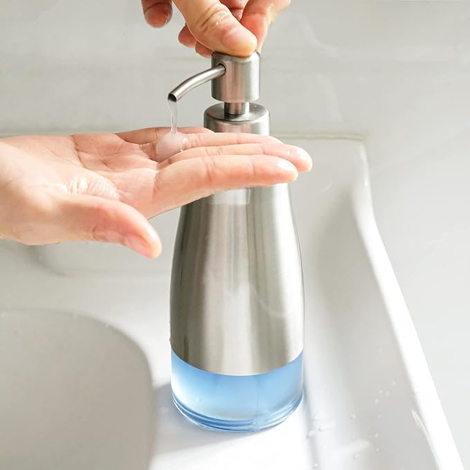 Dish Soap Dispenser with Stickers, Brushed Nickel Stainless Steel and Glass Combined, Refillable Liquid Hand Soap Dispenser for Bathroom & Kitchen (11OZ / 320ML)