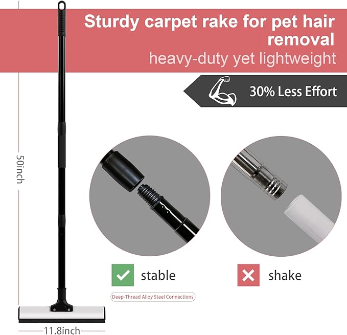 Carpet Rake for Pet Hair Removal - Dual Head Carpet Scraper & Rubber Broom with 50inch Handle for Carpet, Sofa, Car - Pet Hair Remover Tool for Cat & Dog