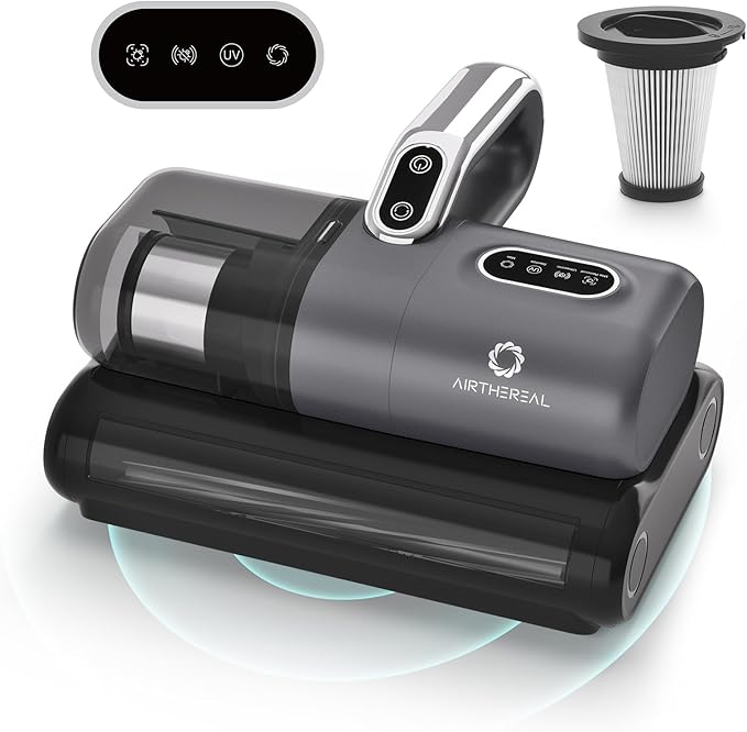 AIRTHEREAL M1 Mattress Vacuum Cleaner, 6 in 1 Bed Vacuum with High-Frequency Vibration - 80,000 RPM Dual Brushroll Rotation, UV-C Light, 14Kpa Suction, Dust Sensor, Ultrasonic and Heating Tech
