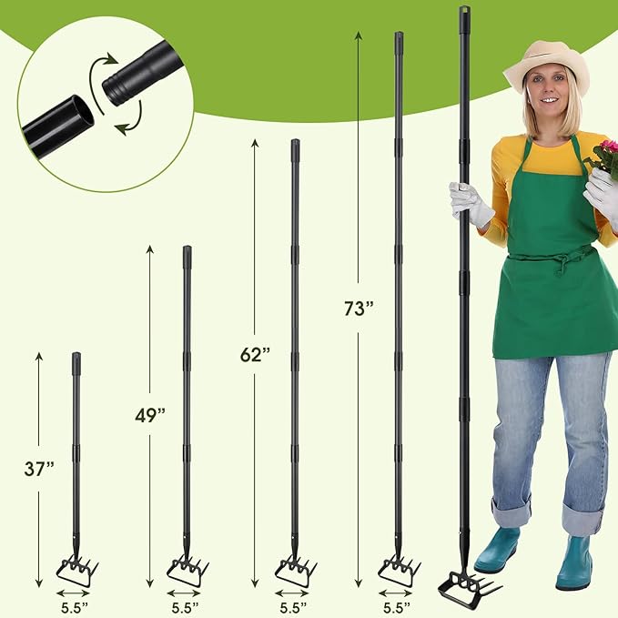 Weed Puller Gardening Tools, Hula Garden Hoe and 4 Tines Rake 2-in-1 Garden Tools for Weeding, Action Stirrup Hoe with Adjustable Long Handle for Lawn,Vegetable Garden Loose Soil,Weeding and Planting