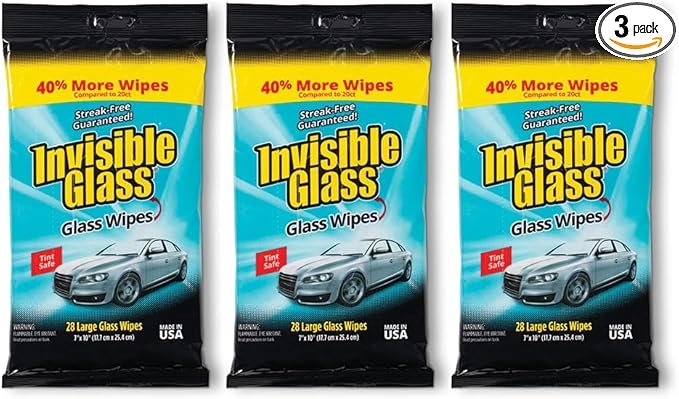 Invisible Glass 90161-3PK Large Glass Cleaning Wipes for Streak-Free Windows, Mirrors, and Glass, Lint-Free, Ammonia-Free, Tint-Safe, for Home and Auto, Flat Pack, 28 Wipes, Pack of 3