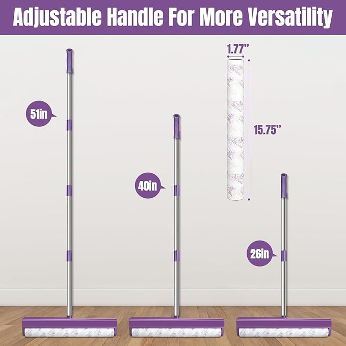 Large Lint Rollers for Carpet, Sticky Rollers for Floor RLOW 15.75 in with 3 Extra Sticky,Long Handle Sticky Mop for Cleaning Carpets, Pet Hair, Cars, Clothing