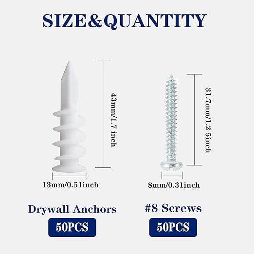 Wall Anchors, Drywall Anchors and Screws Kit #8 100PCS Self Drilling Drywall Anchor and Screws for Drywall, Sheetrock, Plaster Wall Hanging and Mounting 50-75lbs(50 Pairs)