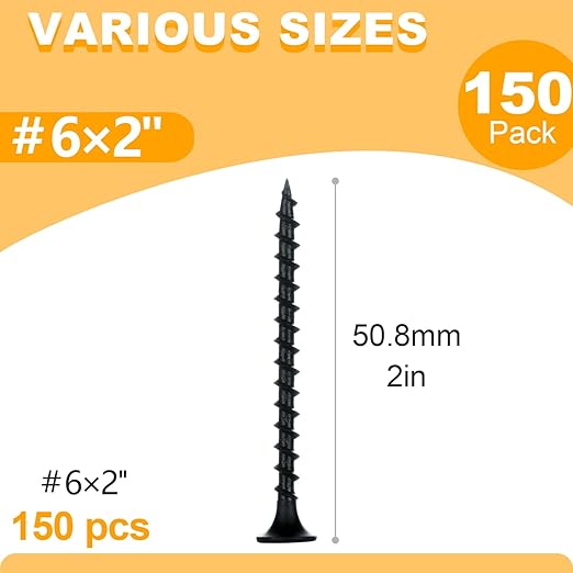 KURUI #6 * 2in Drywall Screws, Dry Wall Screws for Drywall Wood, 150Pcs Coarse Thread Sheetrock Screws - Black Bugle-Head Phillips Self Tapping Wood Screws