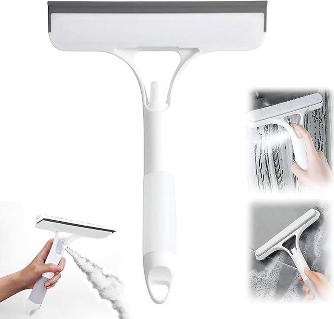 3 in 1 Window Cleaning Scraper,Window Squeegee Cleaner Tool with Built-in Spray Bottle for Car Home Windows Glass and Tiles Et (White)