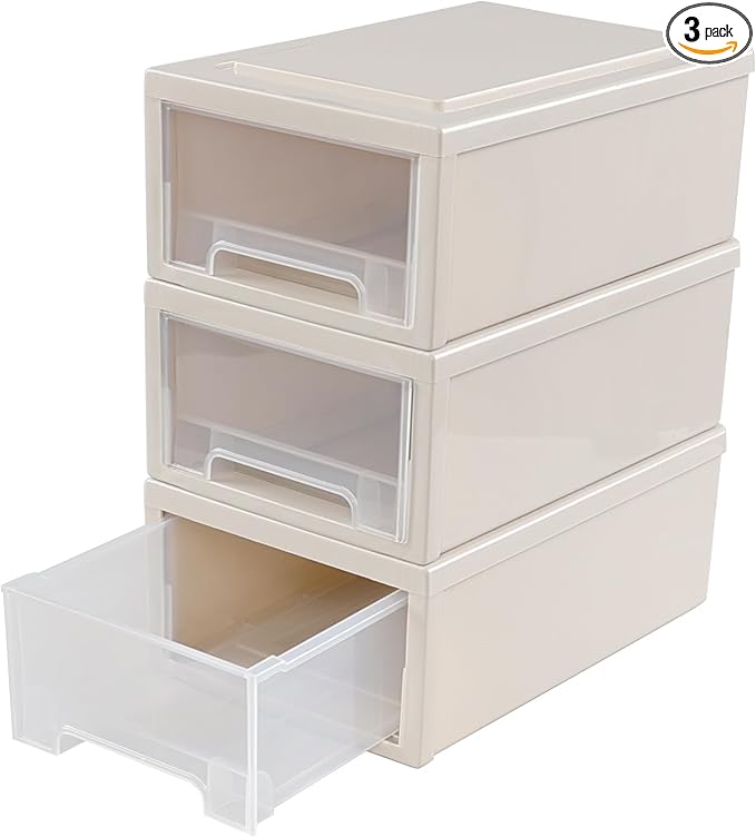 Oymlclivisa 3 Packs Plastic Storage Drawer, Small Stackable Desktop Drawers Unit