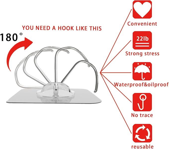 Heavy Duty Adhesive Wall Hooks - Strong & Transparent, Hold up to 22lb, Waterproof & Reusable, Ideal for Kitchen, Bathroom, and Office (30 Pack)