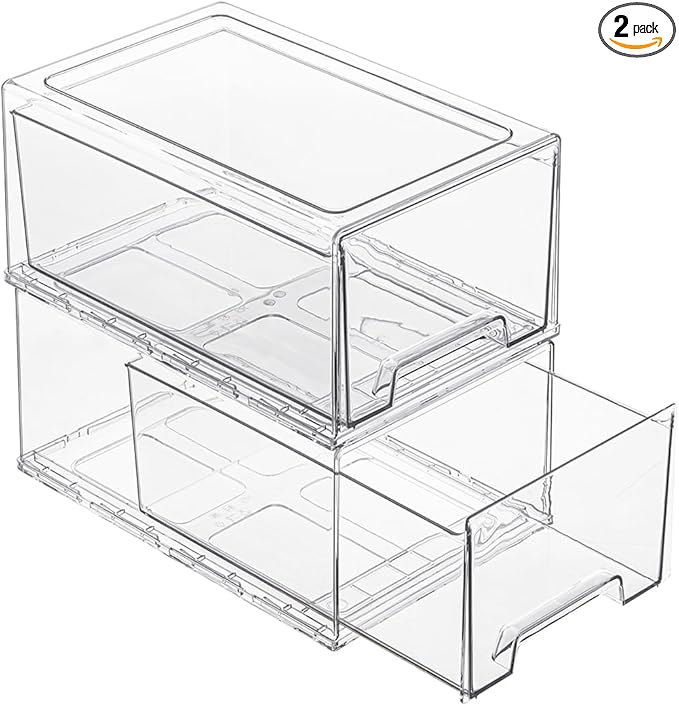 2 Pack Stackable Pull-Out Storage Drawers，Plastic Clear Organizer Bins with Handles，Easily Clean for Craft, and Toy Organization，Kitchen Undersink，Cabinet，Fridge，Closet，Pantry，Office，Bathroom