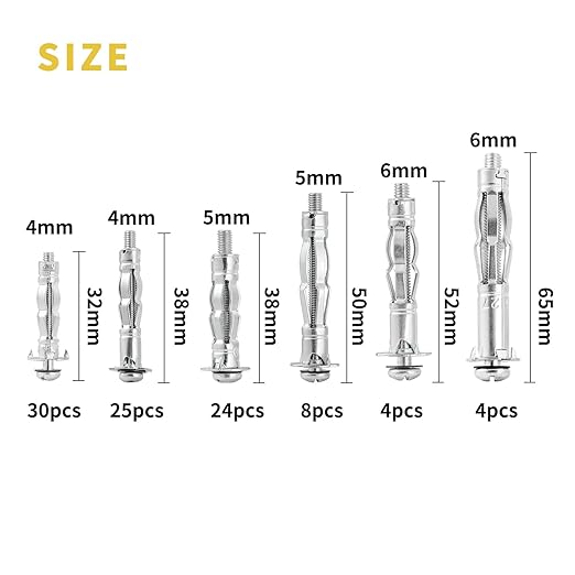 Hollow Wall Anchor Heavy Duty Zinc Plated Steel Bolt Hollow Drive Wall Anchor Screw Set for Drywall,Multiple Sizes Assortment Kit (5size52pcs)