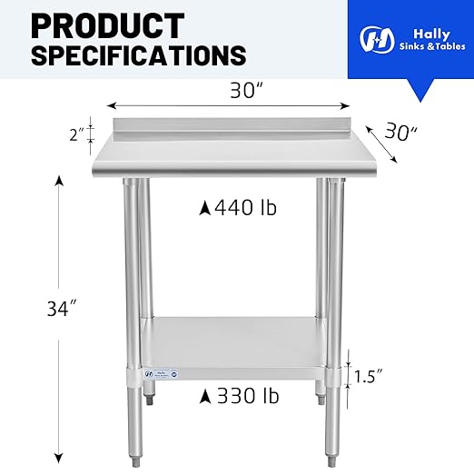 Hally Stainless Steel Table for Prep & Work 30 x 30 Inches, NSF Commercial Heavy Duty Table with Undershelf and Backsplash for Restaurant, Home and Hotel