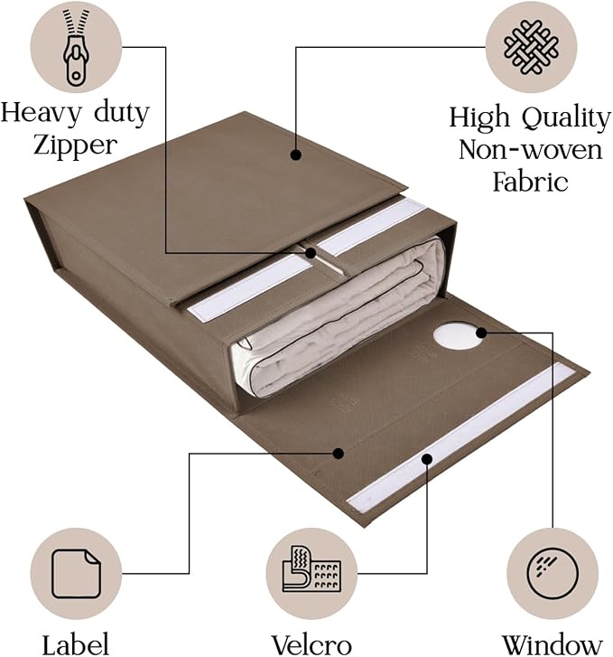 2 Pack Bed Sheet Organizer and Storage, Foldable Storage Organizer for Linen Closet with Viewing Window & Label for Bedding Sheets & Blankets (Queen & King Size) Taupe