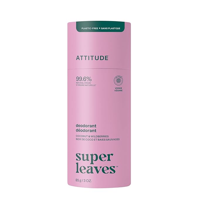ATTITUDE Plastic-Free Deodorant, EWG Verified, Aluminum Free, Vegan Naturally Sourced Body Deodorants for Women & Men, Dermatologically Tested, White Tea Leaves, 3 Ounces