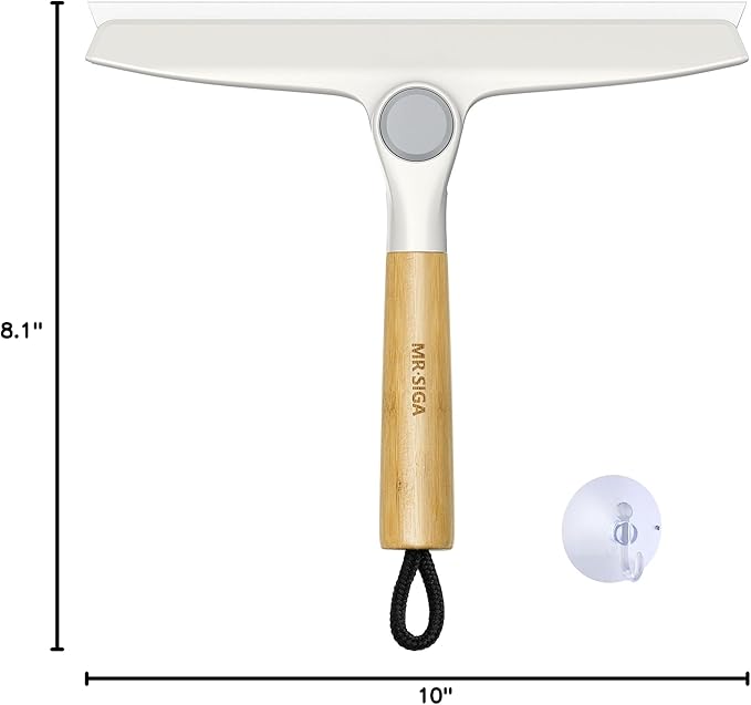 MR.SIGA All Purpose Silicone Squeegee for Shower Door, Mirror, Glass, Streak Free Shower Squeegee, Pivoting Bamboo Handle, Includes 1 Suction Hook, 10 inch Wide, 1 Pack