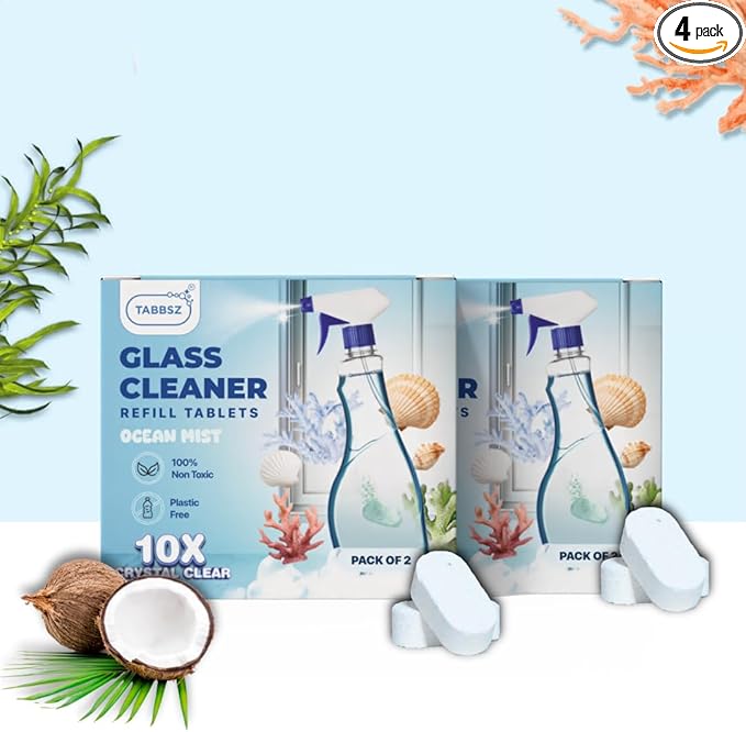 Glass Cleaner Refill Tablets | Plant-Based Streak-Free Window & Mirror Cleaner | Non-Toxic & Eco-Friendly Cleaning Solution | Plastic-Free Packaging | Ocean Mist - Pack of 4