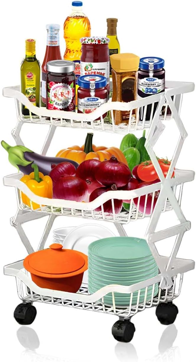 Kitchen Storage Cart, Foldable Rolling Organizer with Wheels White 3 Tiers Compact Shelf for Pantry, Bathroom, Bedroom, 14.17" L x 10.71" W x 21" H