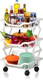 Kitchen Storage Cart, Foldable Rolling Organizer with Wheels White 3 Tiers Compact Shelf for Pantry, Bathroom, Bedroom, 14.17" L x 10.71" W x 21" H