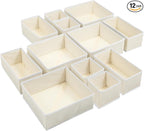12 Pack Linen Drawer Organizer Set – Collapsible Fabric Storage Bins for Baby Clothes, Diapers, Socks, Bras & More (Beige, 3 Sizes)