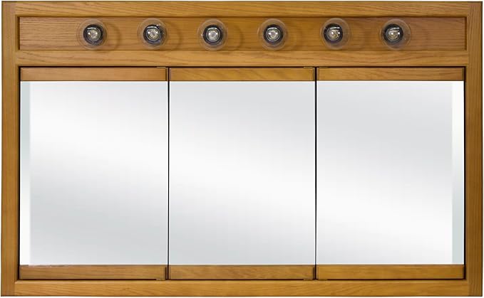 Design House Richland Medicine Cabinet with 6 Lights, Fully Assembled, Wall Mounted, 3 Mirrored Doors, Wood Frame, Oak Finish, 48 in x 5 in x 30 in, 530626-NOK